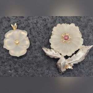 Elegant Floral Frosted Glass Brooch and Pendant